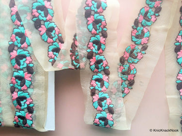 Wholesale Sheer Gold Fabric Trim With Blue And Pink Floral Thread Embroidery 9 Yard Lace, Embroidered Trim,